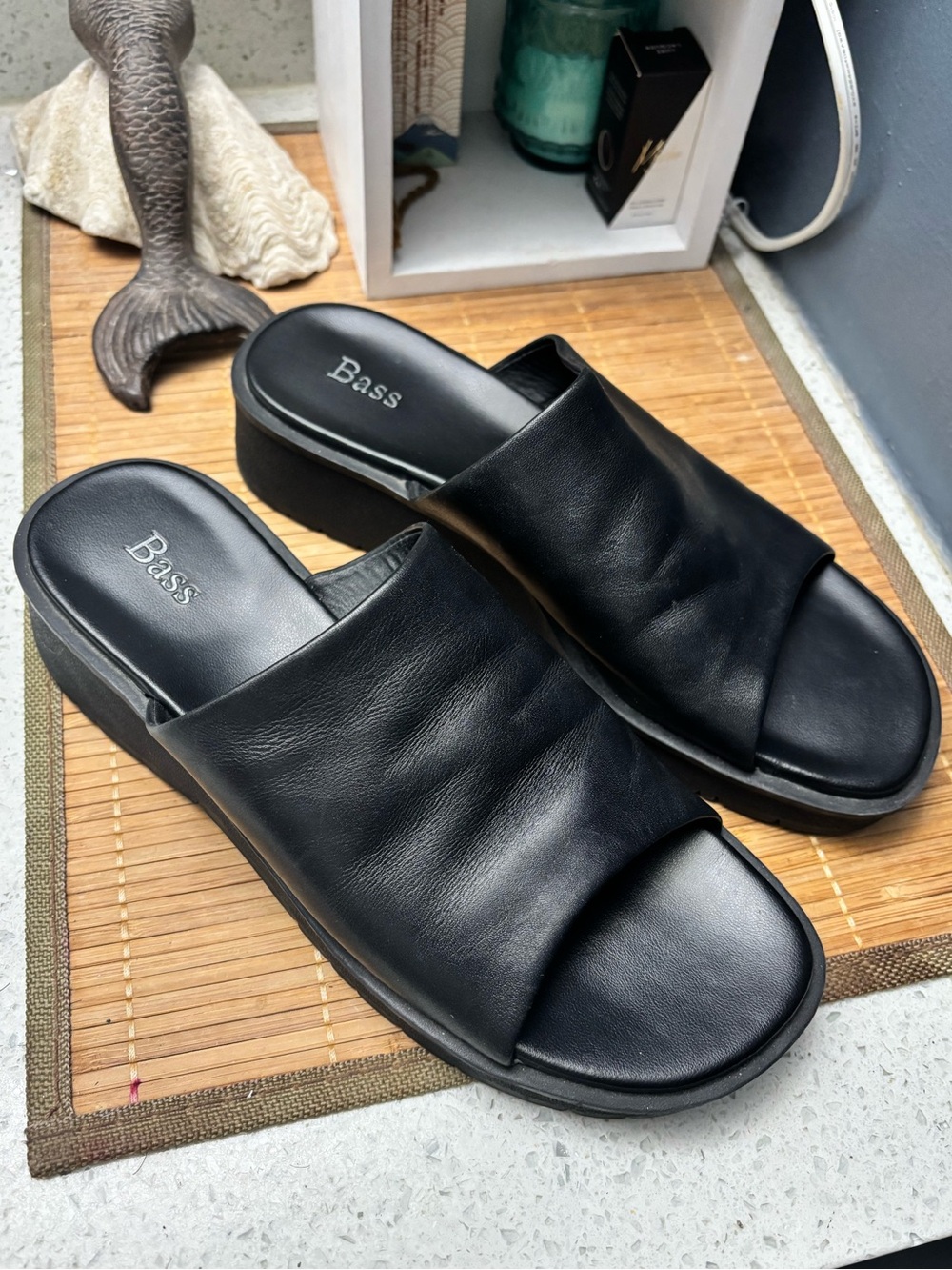 G.H. Bass black leather slip on sandals